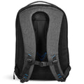 A gray and black backpack features padded shoulder straps and a mesh back panel showcasing a sleek, modern design suitable for daily use in urban or school environments.