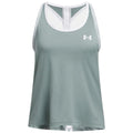 A white athletic tank top hangs vertically showcasing a scoop neckline and contrasting straps in blue and pink with an Under Armour logo on the front.