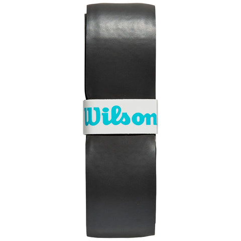 A rolled black exercise band is displayed with a white label featuring the word Wilson in blue. The band is designed for resistance training in fitness environments.