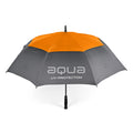 A grey and orange umbrella with a black handle provides UV protection standing upright against a white background showcasing its design and branding. The text reads aqua UV-PROTECTION.