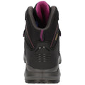 A black hiking boot with pink accents is positioned upright displaying its back side featuring a padded collar and textured outsole designed for traction and support in outdoor environments.