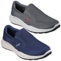 Two pairs of slip-on sneakers are displayed side by side. The top pair is grey with a textured upper while the bottom pair is navy blue with a similar design.