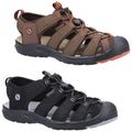 Two pairs of outdoor sandals are displayed one in brown and one in black. Both feature adjustable straps and a sturdy grip sole suitable for varied terrain.