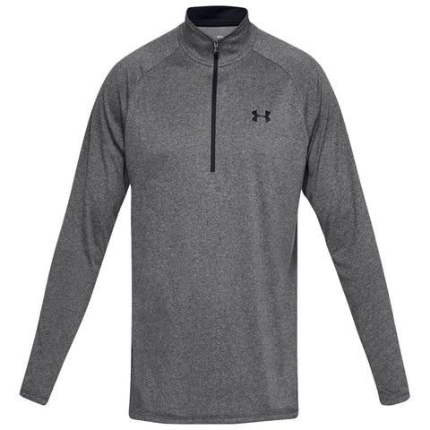 A gray long-sleeve quarter-zip shirt is displayed facing forward with a black logo on the left chest area showing a sleek, casual design suitable for athletic or everyday wear.