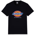 A black t-shirt displays a colorful logo featuring the word "Dickies" in blue within a red and yellow oval shape beneath the text "HARD WORKING SINCE 1922" centered below.