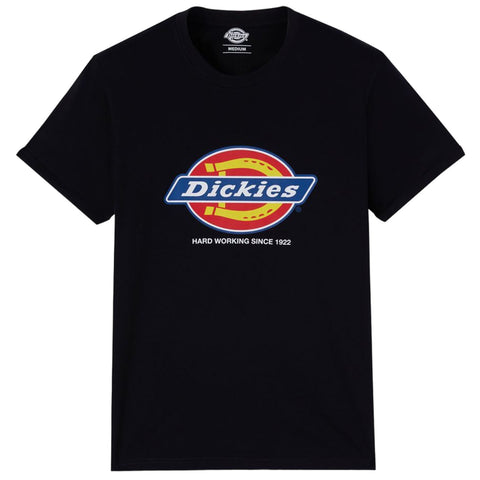 A black t-shirt displays a colorful logo featuring the word "Dickies" in blue within a red and yellow oval shape beneath the text "HARD WORKING SINCE 1922" centered below.