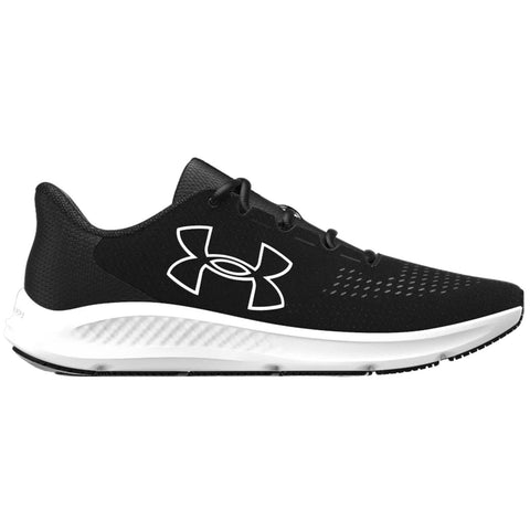 A black athletic shoe features a white logo and a sleek design with a breathable upper and cushioned sole intended for running or sports activities placed on a flat surface.