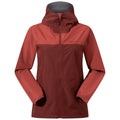 A red and brown outdoor jacket is displayed frontally featuring a zippered closure and a hood highlighted by varying fabric textures and a logo on the upper left side.