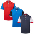 Three polo shirts are displayed hanging in a row featuring red blue and navy colors with contrasting sleeves showcasing buttons and collars in a plain background highlighting their designs