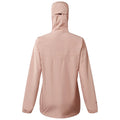 A light pink jacket hangs upright showcasing a fitted back and elongated sleeves. It is designed for outdoor use evident in its durable fabric and functional hood.