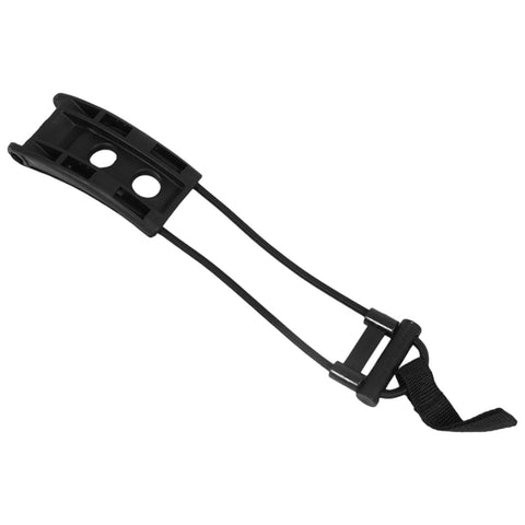 A black plastic clip with two holes and elastic bands attached secures items together in a practical manner suitable for outdoor or sports activities in a versatile environment.