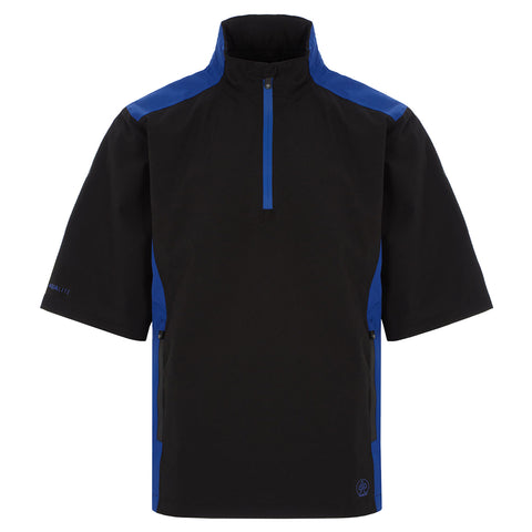 A short-sleeved jacket is displayed featuring a black body with blue accents along the shoulders and sides. It has a front zipper and a high collar, suitable for casual wear.