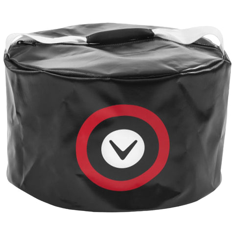 A round black bag with a circular red and white logo sits upright displaying a white check mark inside a black circle it has a white handle for carrying.