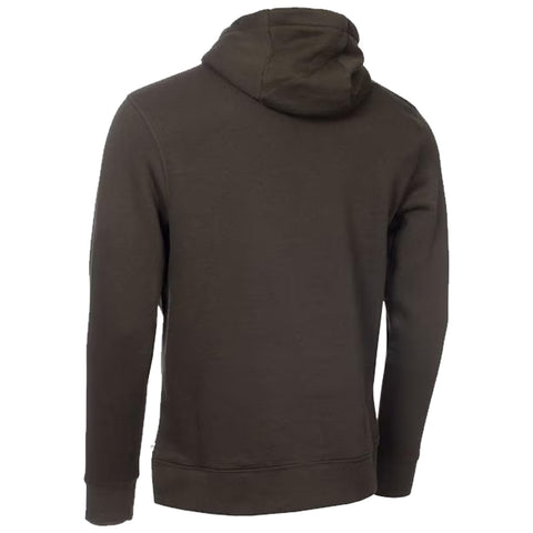 A dark green hoodie is displayed from the back showcasing a smooth texture and a hood with a rounded top in a neutral setting without additional elements.