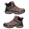 Brown hiking boots with pink accents are displayed side by side showcasing a rugged design and high-ankle support intended for outdoor activities in varied terrains.