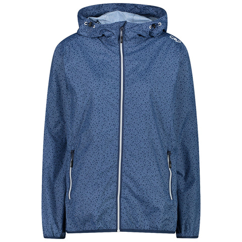 A blue jacket with a hood features small dotted patterns and a front zipper with two side pockets highlighted on a plain background.