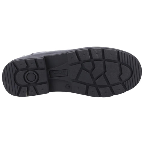 A black shoe sole is displayed with a textured grip pattern featuring grooves and ridges it is positioned against a neutral backdrop.