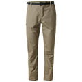 Khaki pants are displayed vertically with a black belt showing their straight cut and lightweight material suitable for outdoor activities in a casual environment.