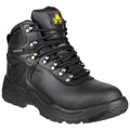 Black waterproof hiking boot with metal eyelets laced up tight designed for outdoor use displayed against a plain background emphasizing its rugged, sturdy construction suitable for various terrains