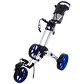 A golf push cart with a three-wheel design features large blue wheels and a handle for steering it comfortably on the green equipped with a mesh storage basket and braking mechanism.