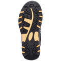 A shoe sole displays deep treads and a mix of black and yellow rubber materials designed for traction and durability positioned against a neutral background.