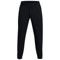 Black pants are displayed standing upright showcasing a fitted style with a button closure and elastic at the ankles set against a neutral background