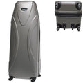 A sleek gray suitcase stands upright and features a curved design with subtle grooves and four wheels at the base for easy mobility in travel contexts.