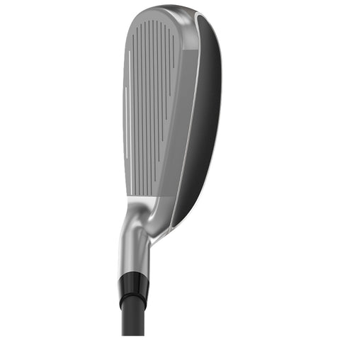 A golf club head is positioned vertically with a shiny silver face and grooves designed to strike a golf ball effectively in a sporting environment.