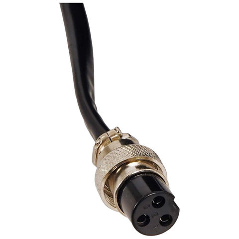 A circular connector with three prongs is attached to a black cable the connector has a metallic casing and is designed for secure electrical connections in various devices.