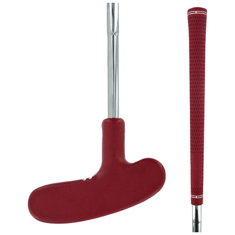 A golf putter features a broad red head designed for striking a golf ball and a silver shaft with a textured red grip for better handling in a golfing environment.