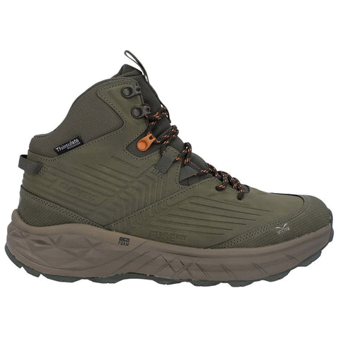 A green hiking boot is positioned upright with laces threaded through eyelets the boot features textured material and distinctive orange accents in a minimalist display against a plain background.