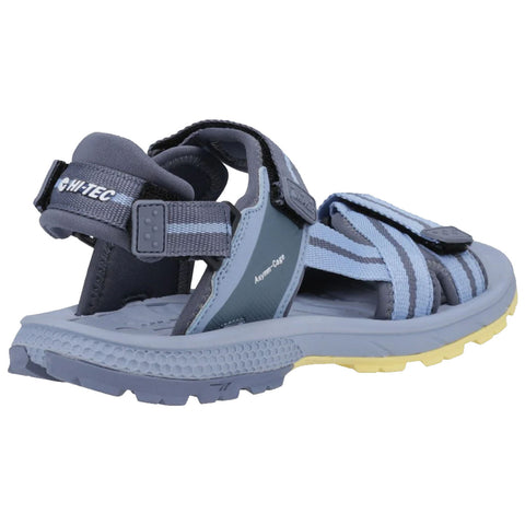 A sporty grey and blue sandal features adjustable straps and a textured sole designed for durability and comfort in outdoor environments. It is set against a plain white background.