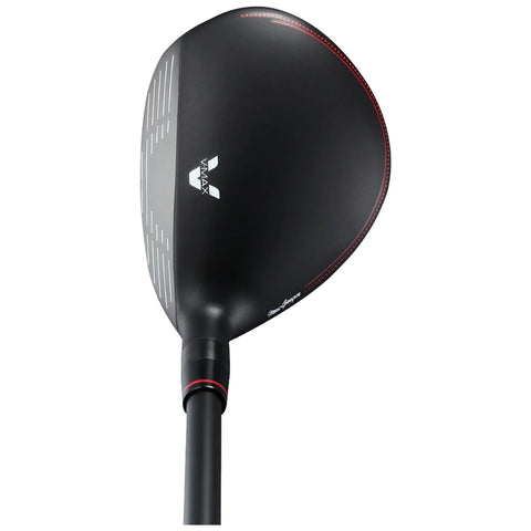 A black golf driver head with a smooth surface features a white logo and markings for alignment The club is positioned upright suggesting readiness for a swing