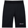 Black athletic shorts are laid flat displaying a smooth fabric and a waistband with the brand name stitched along the top while a small logo is positioned on one leg.