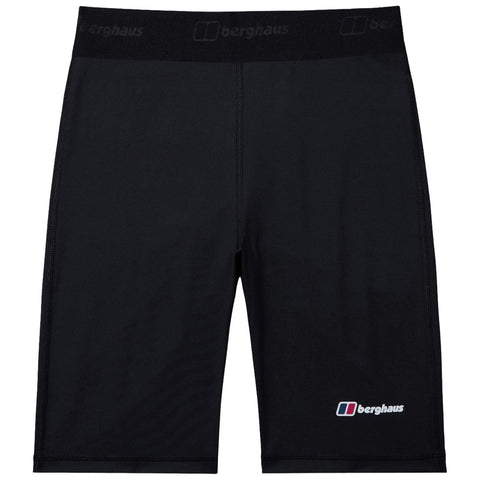 Black athletic shorts are laid flat displaying a smooth fabric and a waistband with the brand name stitched along the top while a small logo is positioned on one leg.