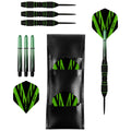 A set of three dart components includes black and green flights and shafts placed beside a black carrying case. The darts are arranged for easy access and display.