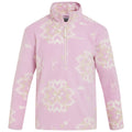 A pink fleece pullover features a half-zip collar with a geometric pattern in lighter shades. It is designed for warmth and comfort in casual outdoor settings.