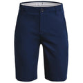 Navy shorts are displayed with a button and zipper closure at the front showcasing a clean and modern design suitable for casual or athletic wear.