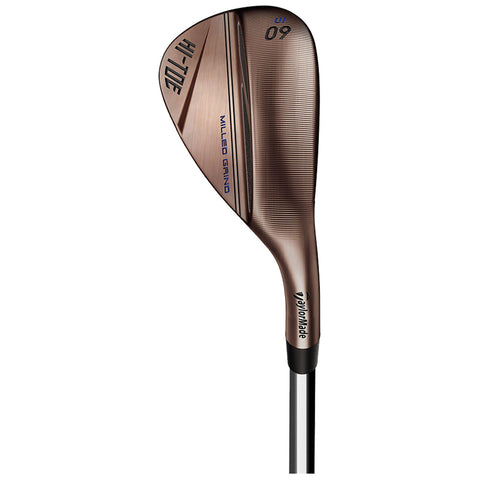 A golf wedge is angled and shows a bronze finish with markings indicating "HI-TOE" and "MILLED GRIND" alongside a logo. It's positioned upright against a plain background.