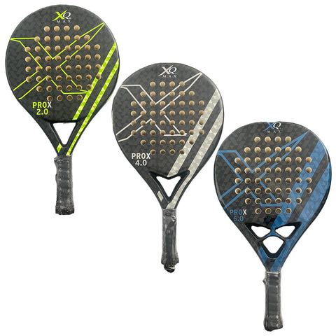 Three padel rackets are arranged side by side showcasing different designs and color schemes. Each racket features a perforated surface and a distinct model number labeled PROX 2.0 PROX 4.0 and PROX 6.0.