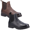 Brown and black leather ankle boots are displayed side by side with elastic side panels and pull tabs highlighting a modern design suitable for casual or formal wear.