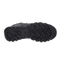 A black athletic shoe sole features a rugged tread pattern designed for traction gripping varied surfaces while providing stability during outdoor activities in diverse environments like trails or uneven terrain