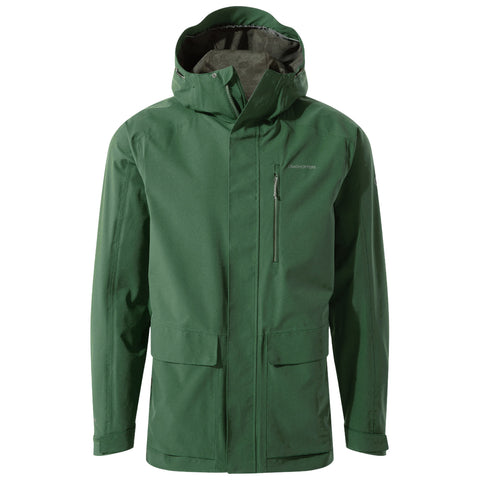 Green rain jacket with a hood displayed frontally features a zip pocket and two large front pockets designed for outdoor wear in potentially wet environments.