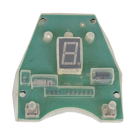 A green circuit board features a digital display showing the number zero along with various electronic components like capacitors and LEDs arranged around it in a compact layout.