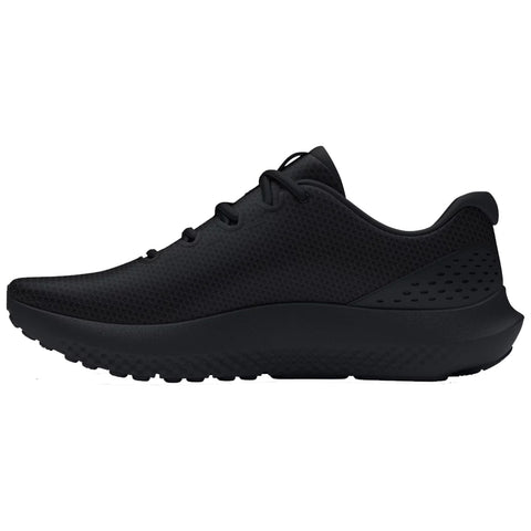 A black athletic shoe is positioned sideways showcasing its sleek design and textured upper while displaying its lightweight sole suitable for various physical activities and casual wear