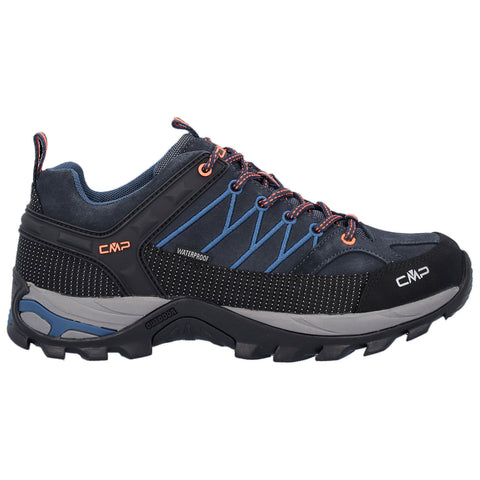 A hiking shoe is displayed with a waterproof design featuring dark blue and black materials highlighted by orange laces and accents designed for outdoor activities and rugged terrains.