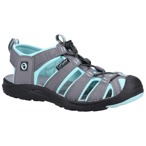 A gray and aqua sandal features adjustable straps with a bungee lace system designed for outdoor activities emphasizing comfort and breathability seamlessly integrating style and functionality.