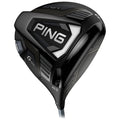 A golf driver is angled upward with a sleek black and silver design featuring brand markings and specifications on its body suggesting it is designed for performance on a golf course.