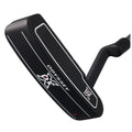 A black golf putter is positioned diagonally with a smooth face and a slight curve. The brand logo is visible, indicating it is an Odyssey model.