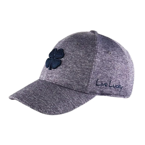 A gray cap is displayed with a dark blue four-leaf clover emblem stitched on the front and the phrase Live Lucky embroidered on the side